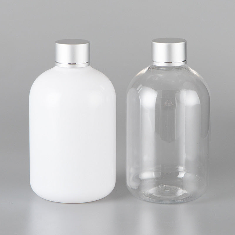 300ml PET Round Shoulder Bottle with Electroplated Aluminum Cap & Stopper – Wholesale Cosmetic Packaging